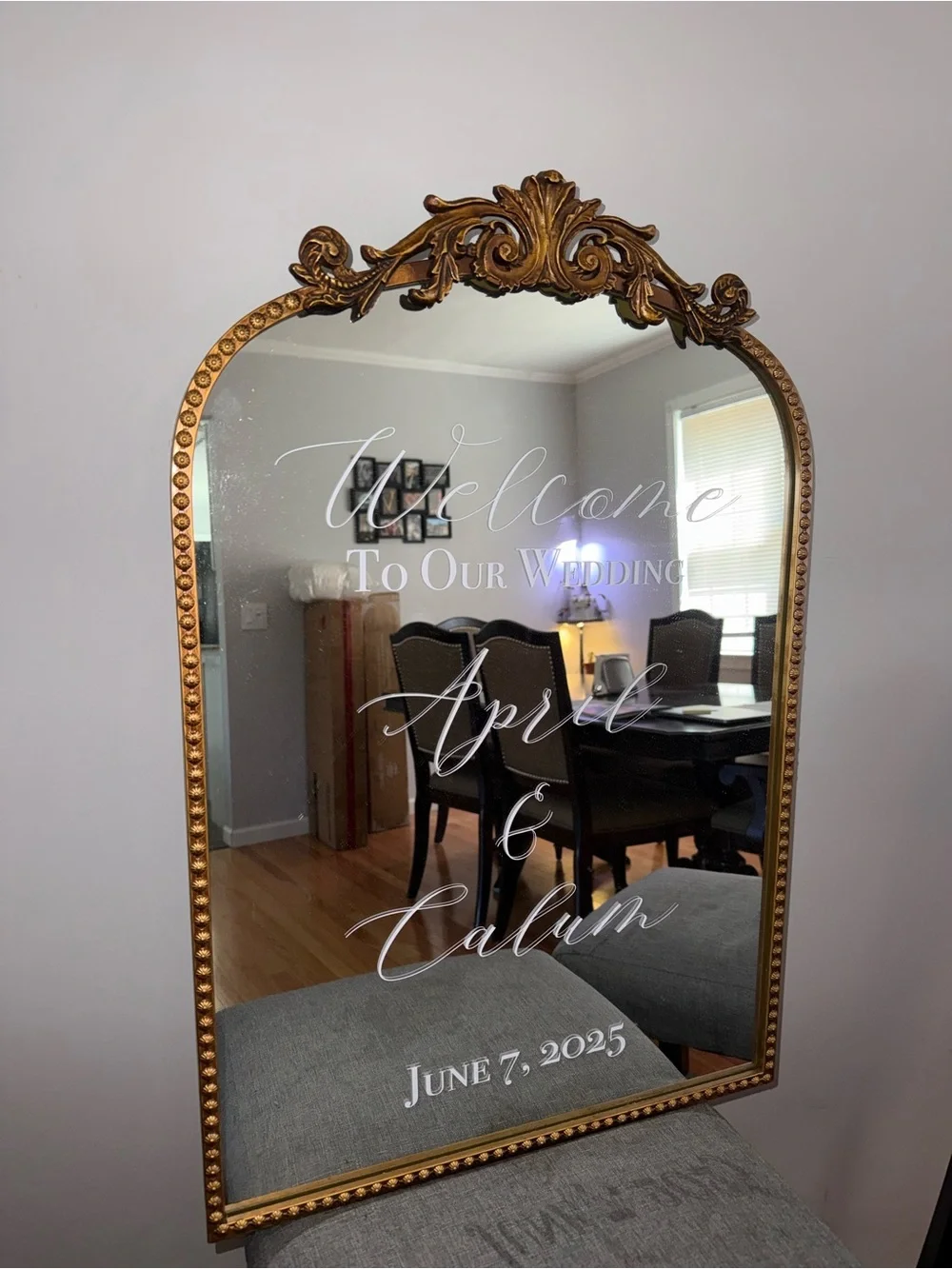 Gold Ornate Framed Wedding Welcome Mirror - Personalized White Script